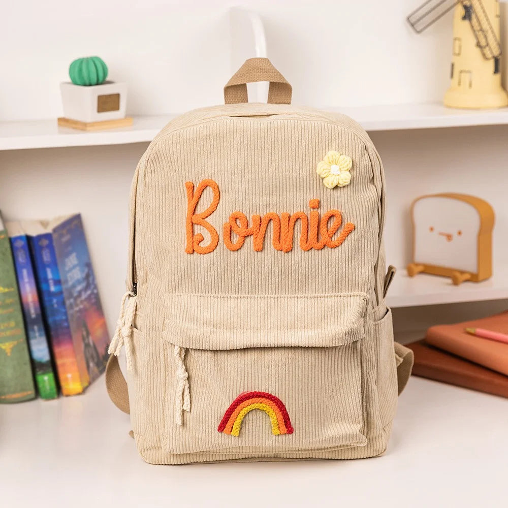 MY FIRST BRAIDED BACKPACK | Personalized Braided Flower Rainbow Name Corduroy Backpack, Custom Toddler School \ beach Bag