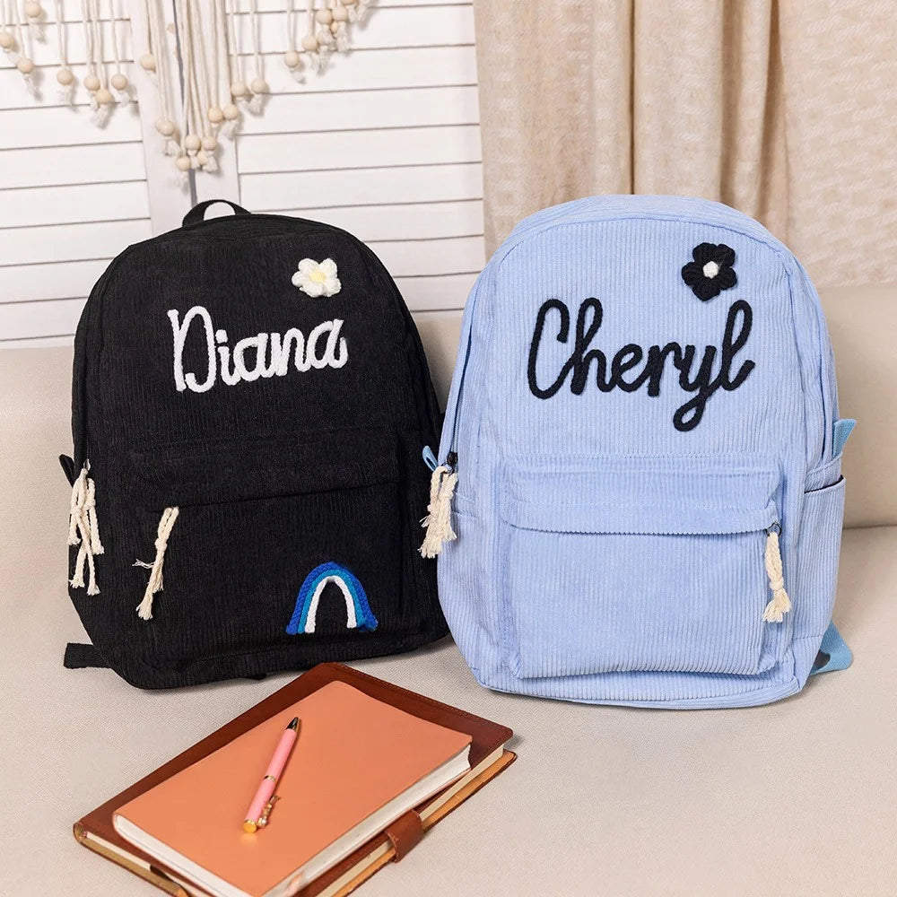 MY FIRST BRAIDED BACKPACK | Personalized Braided Flower Rainbow Name Corduroy Backpack, Custom Toddler School \ beach Bag