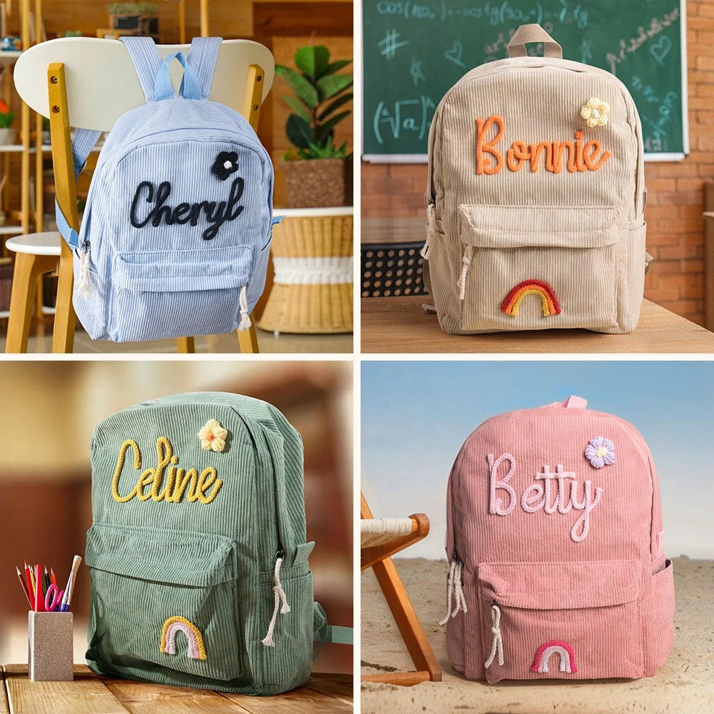 MY FIRST BRAIDED BACKPACK | Personalized Braided Flower Rainbow Name Corduroy Backpack, Custom Toddler School \ beach Bag