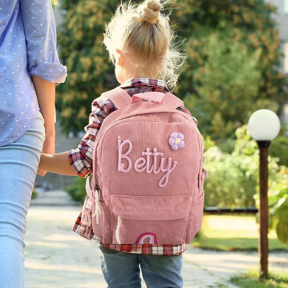 MY FIRST BRAIDED BACKPACK | Personalized Braided Flower Rainbow Name Corduroy Backpack, Custom Toddler School \ beach Bag