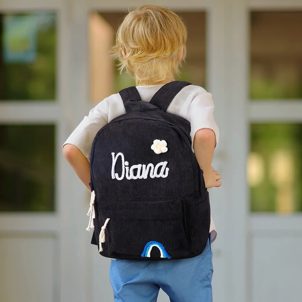 MY FIRST BRAIDED BACKPACK | Personalized Braided Flower Rainbow Name Corduroy Backpack, Custom Toddler School \ beach Bag