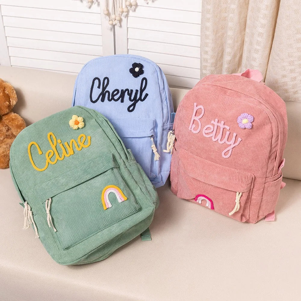 MY FIRST BRAIDED BACKPACK | Personalized Braided Flower Rainbow Name Corduroy Backpack, Custom Toddler School \ beach Bag