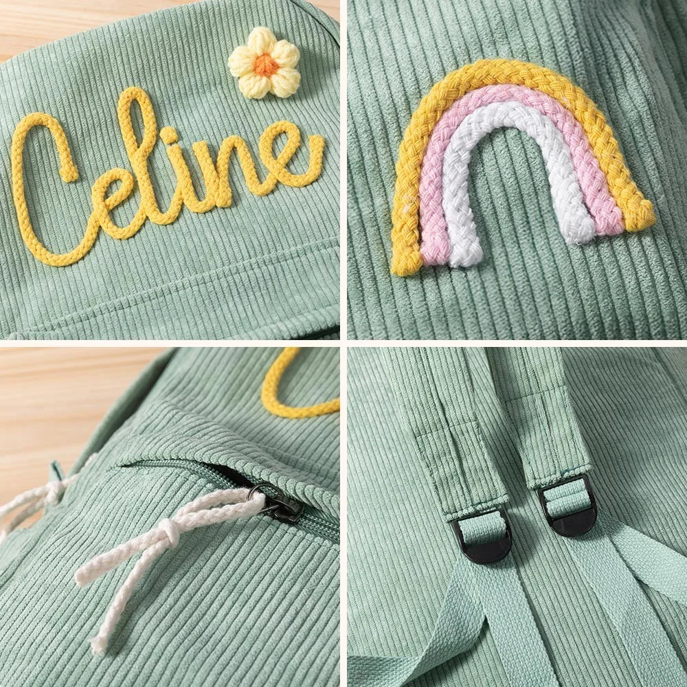 MY FIRST BRAIDED BACKPACK | Personalized Braided Flower Rainbow Name Corduroy Backpack, Custom Toddler School \ beach Bag