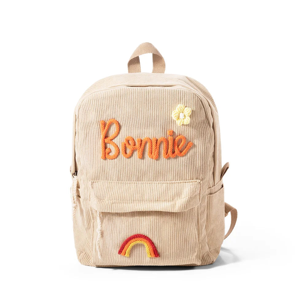 MY FIRST BRAIDED BACKPACK | Personalized Braided Flower Rainbow Name Corduroy Backpack, Custom Toddler School \ beach Bag