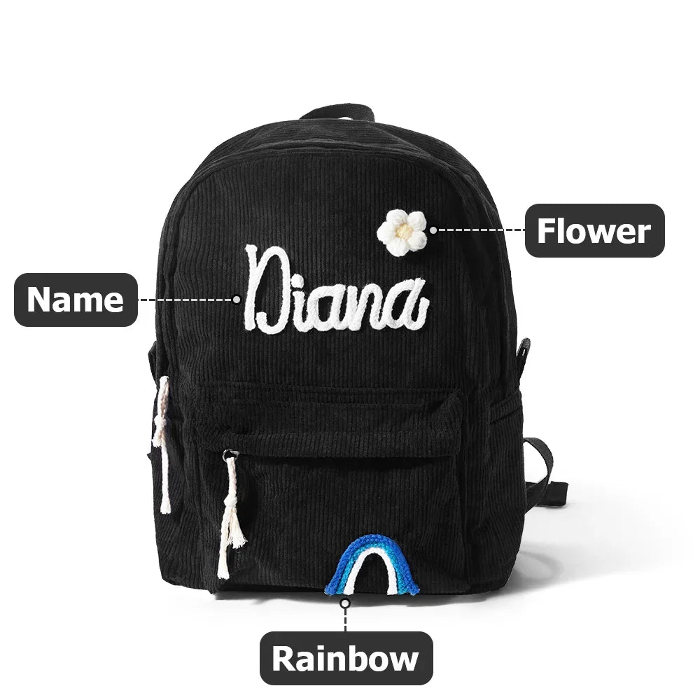 MY FIRST BRAIDED BACKPACK | Personalized Braided Flower Rainbow Name Corduroy Backpack, Custom Toddler School \ beach Bag
