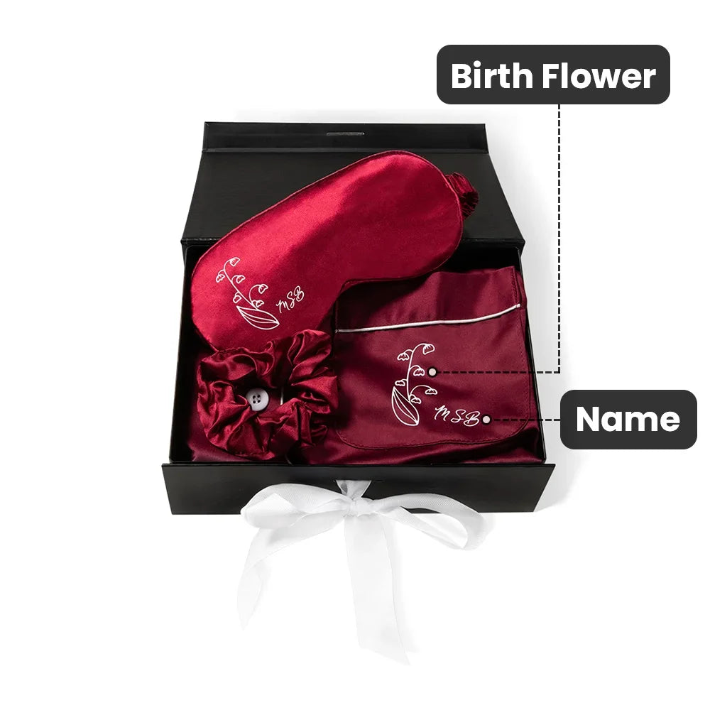 MY NIGHT CUDDLE SET | Custom Name Birth Flower Satin Nightgown, Eye Mask & Hair Band Set