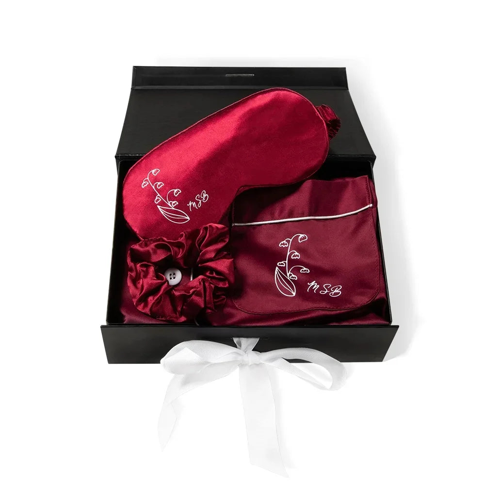 MY NIGHT CUDDLE SET | Custom Name Birth Flower Satin Nightgown, Eye Mask & Hair Band Set