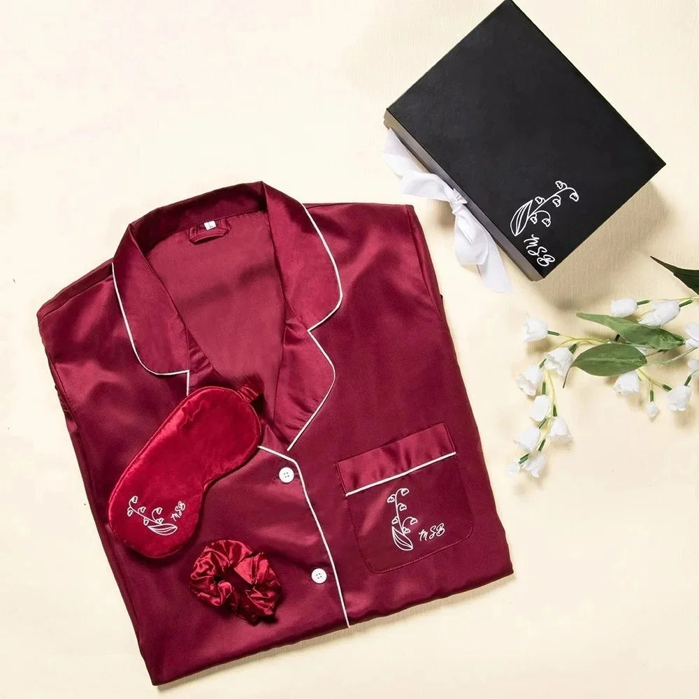 MY NIGHT CUDDLE SET | Custom Name Birth Flower Satin Nightgown, Eye Mask & Hair Band Set