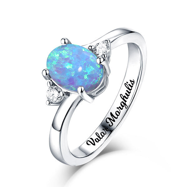 OPAL | Gegraveerde sterling zilveren blauwe ovale opaal ring