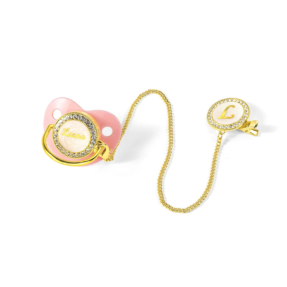 Gepersonaliseerde naam speenhouder clip set, BPA-vrij, aangepaste siliconen fopspeen voor 0-6 maanden pasgeboren meisjes/jongens/prematuren, gouden luxe cadeaus voor babyâ€™s