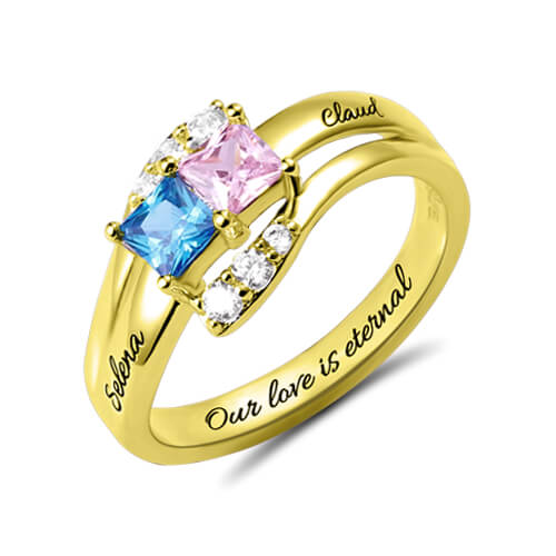 2 LOVES | Op maat gegraveerde ring met twee geboortestenen, sterling zilver