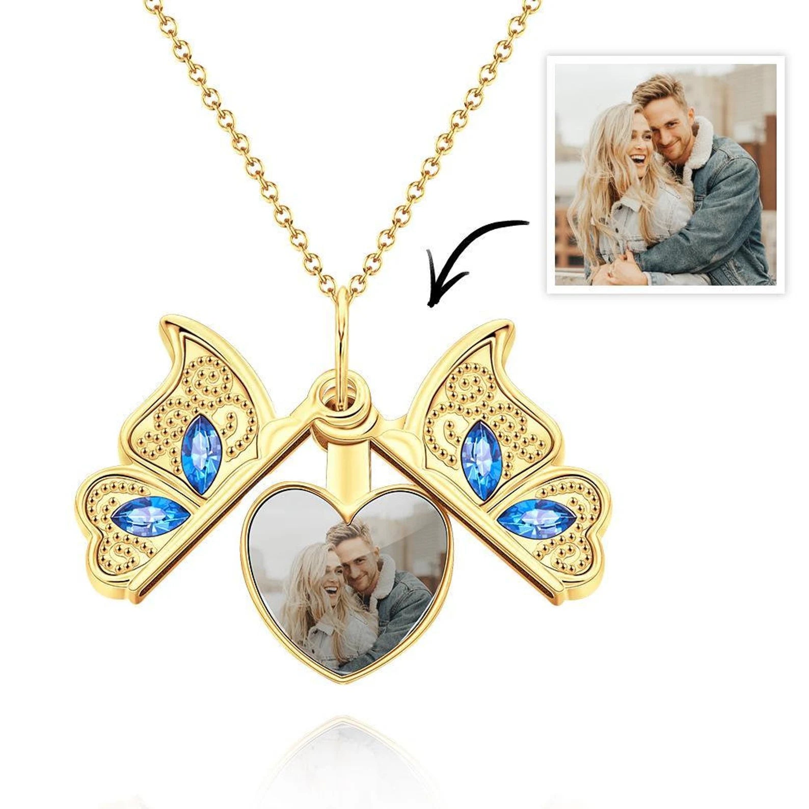 DAINTY BUTTERFLY &amp; PHOTO |Personalized Butterfly Locket Necklace with heart &amp; Photo